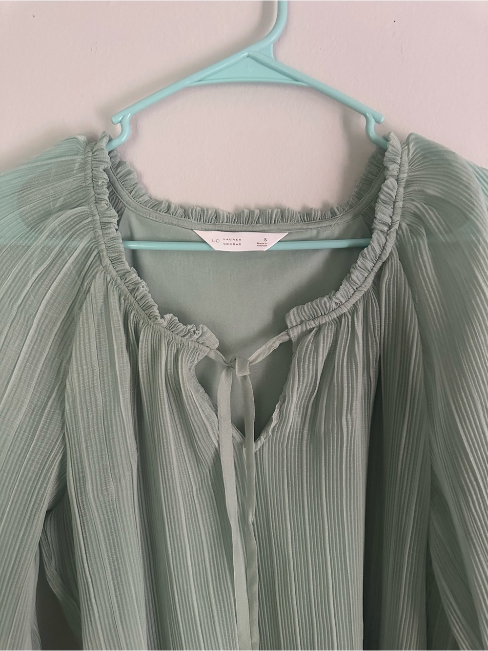LC Lauren Conrad Sage Green Sheer Pleated Tie-Neck Blouse